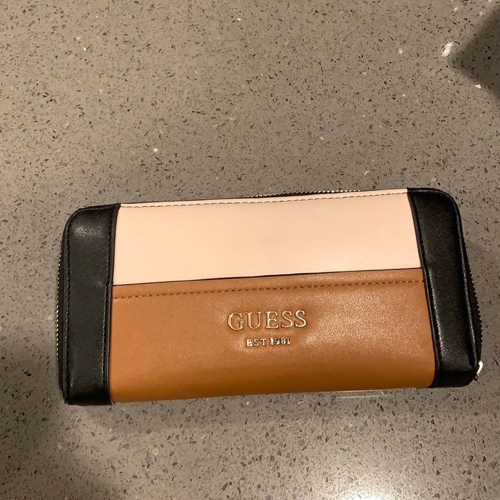 GUESS Colorblock Leather Wallet - Pink, Tan & Black
